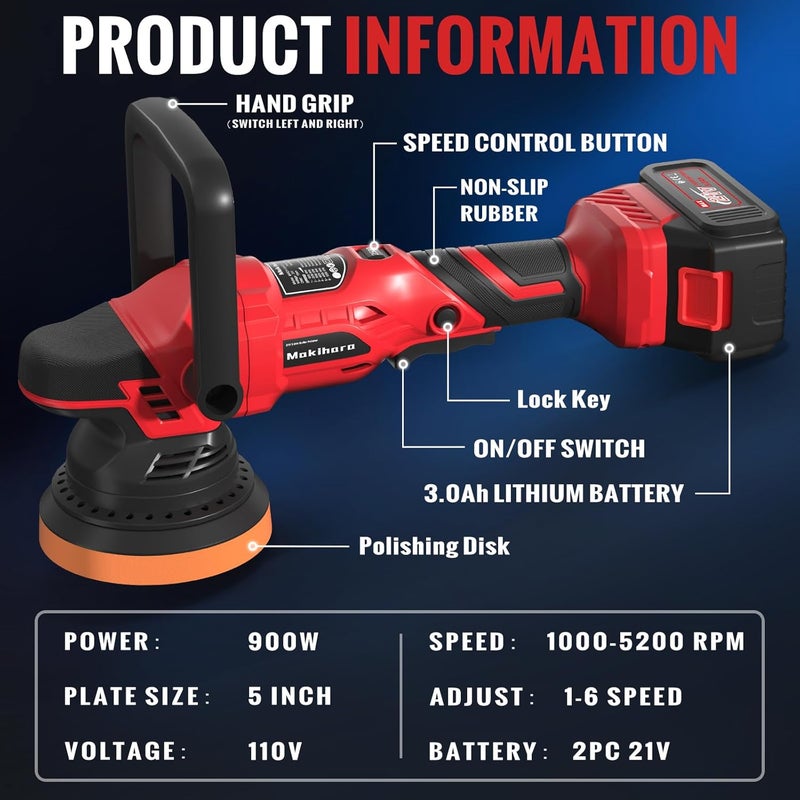 Makihara Cordless Buffer Polisher, 5 Inch Random Orbital Car Polisher, 6 Variable Speed 1000-5200 RPM, 21V 3.0Ah Batteries, 28Pcs Attachments, Polisher for Car Detailing, Boat Sanding, Scratch Removing - Image 4